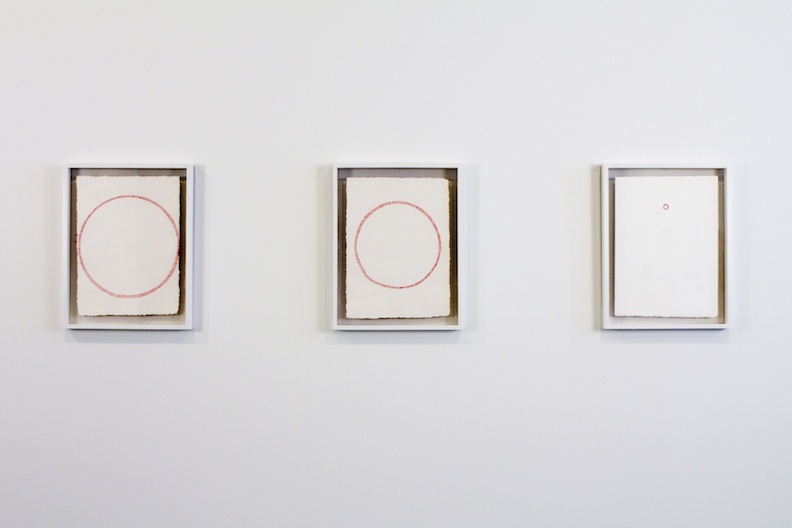 <h3>ELISSA GOLDSTONE</h3>
						<h4><em>Untitled (Baseball 1 - 3)</em></h4>
						2011</br> 
						Paper and cotton thread</br>
						19 x 15 inches each</br>
                        